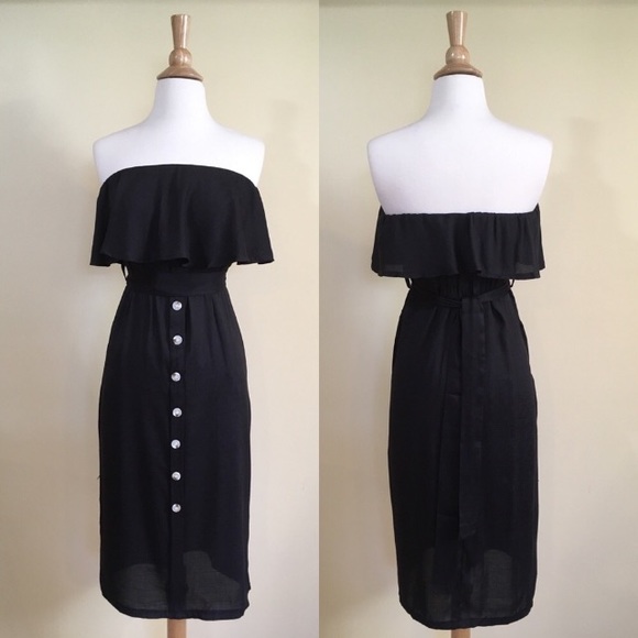 Strapless Ruffle Overlay Dress w Pockets and Belt - Picture 3 of 4